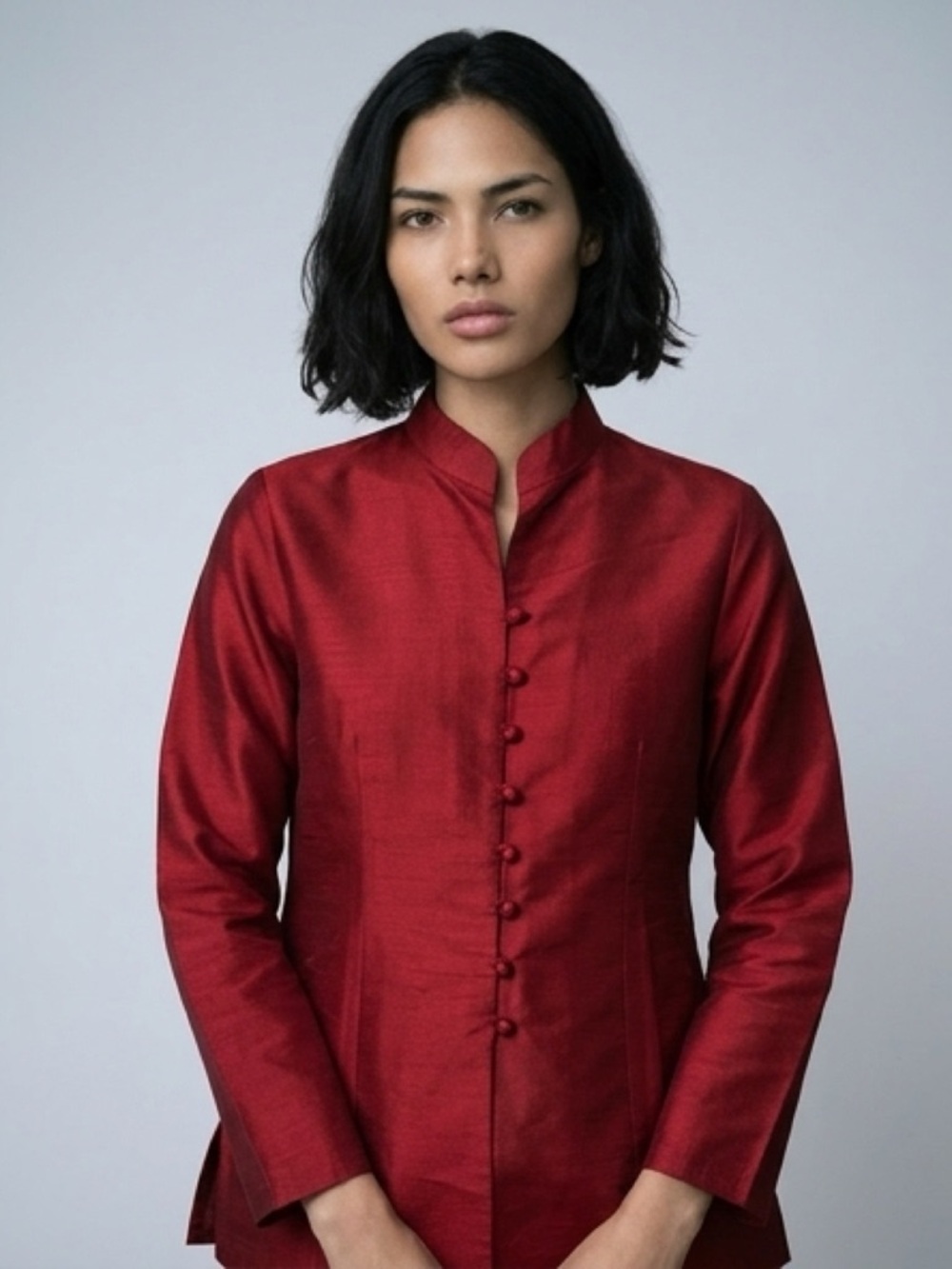 100% SILK SHANTUNG MANDARIN STYLE JACKET/TOP MAROON.RED.WINE‎ COLOR SZ XL ASIAN